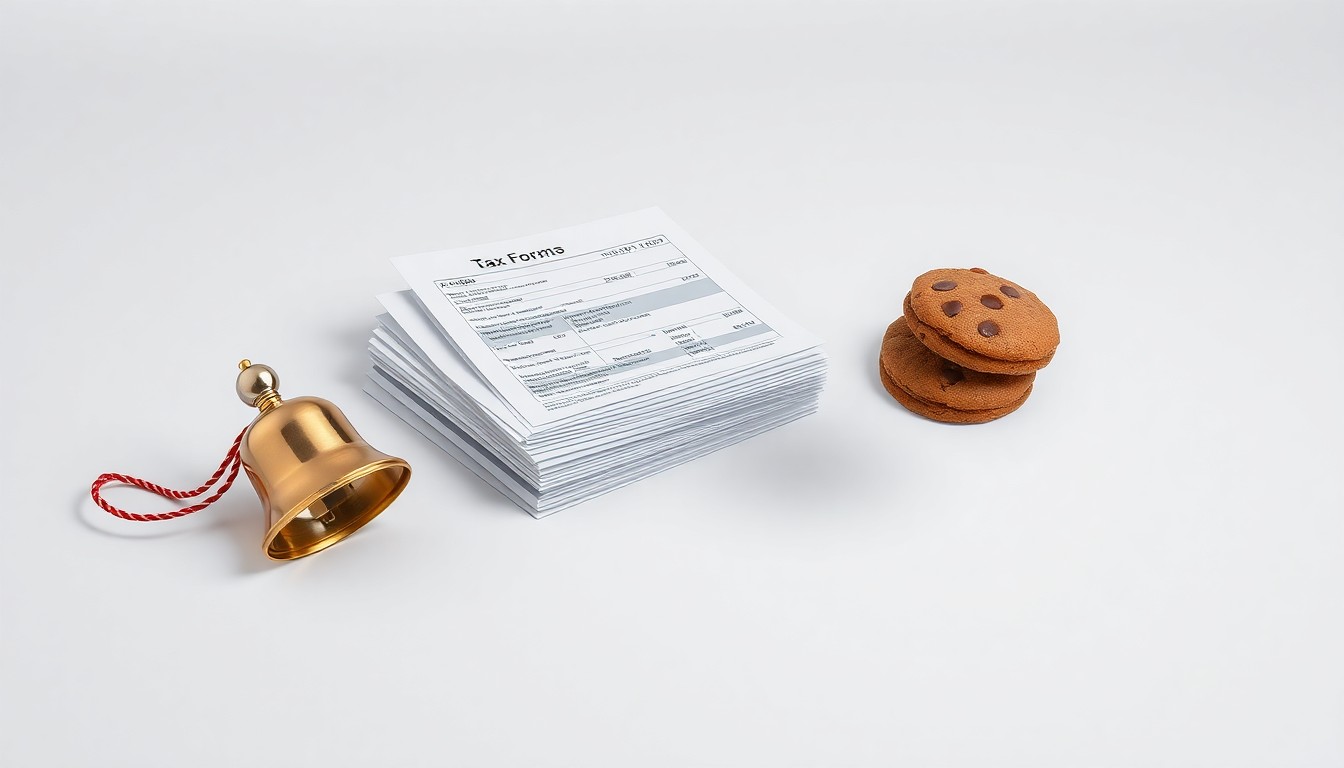 A high-end, photorealistic studio still-life photograph featuring a shiny, metallic sleigh bell, a stack of freshly printed tax forms, and a handful of glistening chocolate chip cookies floating on a clean, monochromatic seamless background, conceptually representing the abstract concepts of corporate strategy, finance, and holiday traditions.