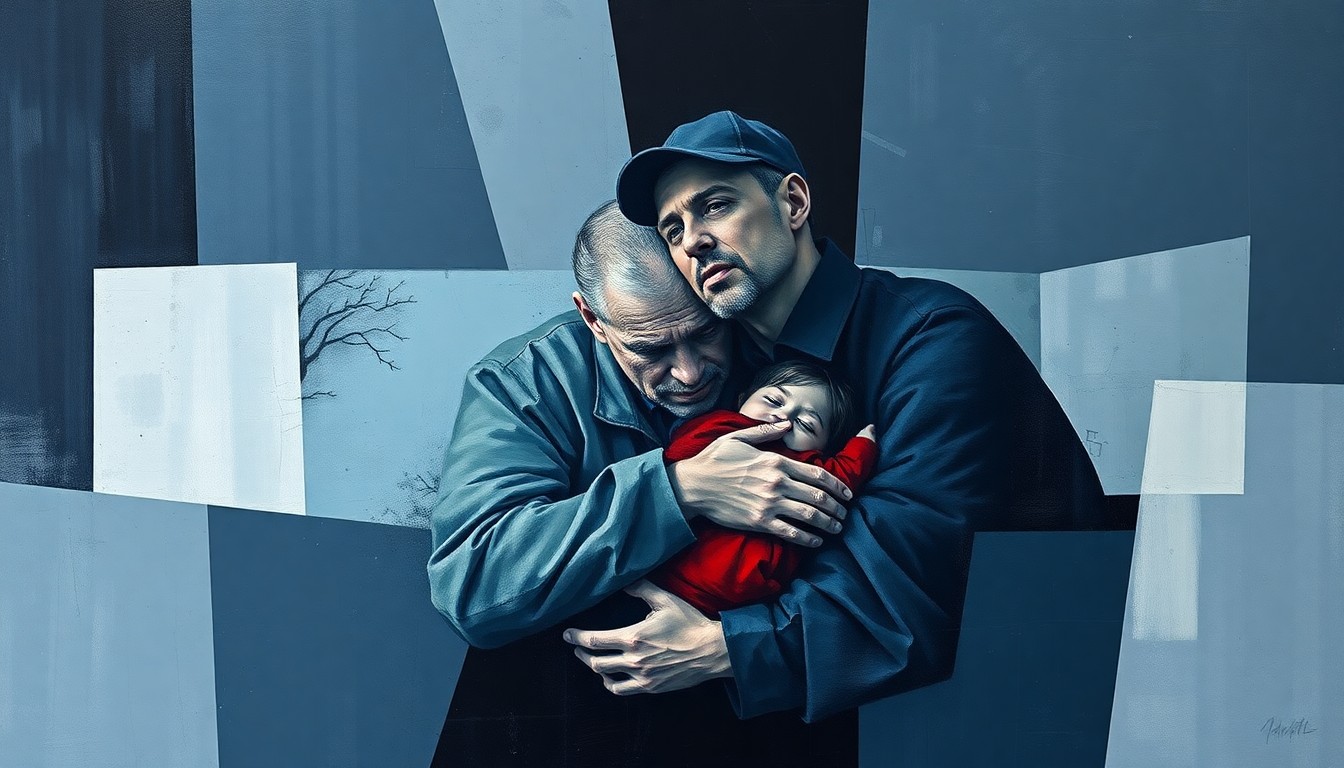 A cubist, geometric painting depicting fragmented, overlapping shapes and planes in muted tones, conveying the emotional turmoil and sense of loss experienced by an NHL coach and his family.