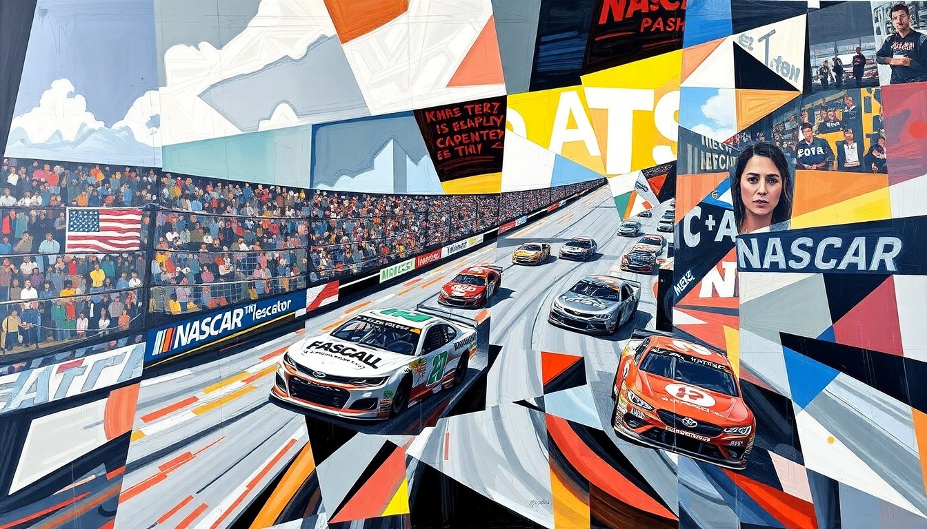 A fragmented, geometric painting depicting the various elements of a NASCAR race scene, including cars, pit crews, and engines, all rendered in a cubist style that captures the sport's technical complexity and energy.