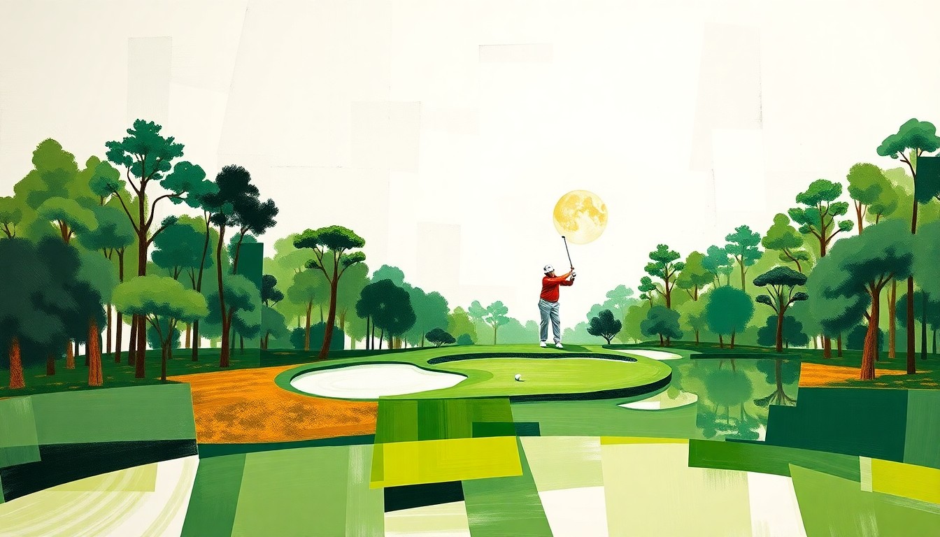 A cubist, geometric painting depicting a golf match or competition, with overlapping planes of green, white, and gold representing the course and Cam Young's performance.