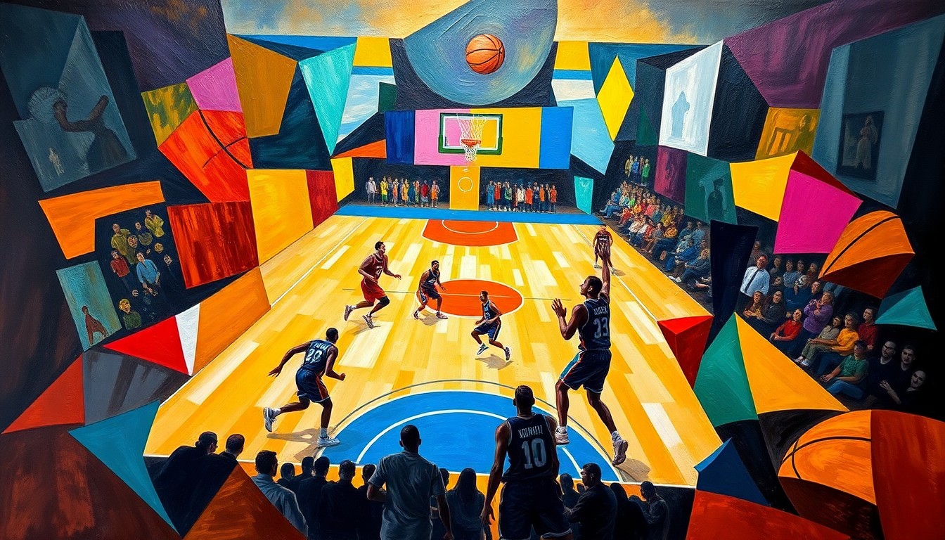 A cubist-style painting depicting a basketball game, with the players' bodies and the court broken down into sharp, overlapping geometric shapes and planes of vibrant colors, conveying the dynamic movement and intensity of the sport.