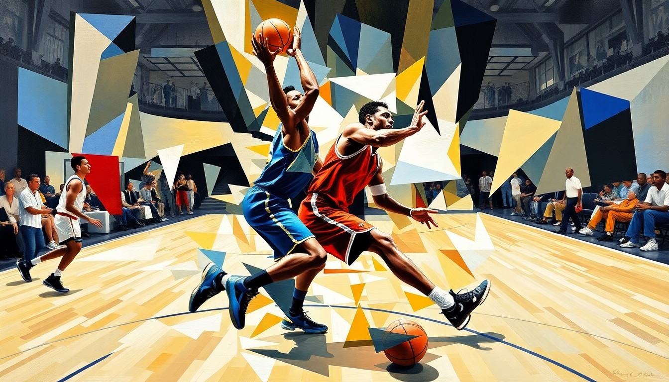 A fragmented, geometric painting depicting a basketball player in motion, their form broken down into sharp, overlapping planes of color and shape, conveying the dynamic nature of the sport.
