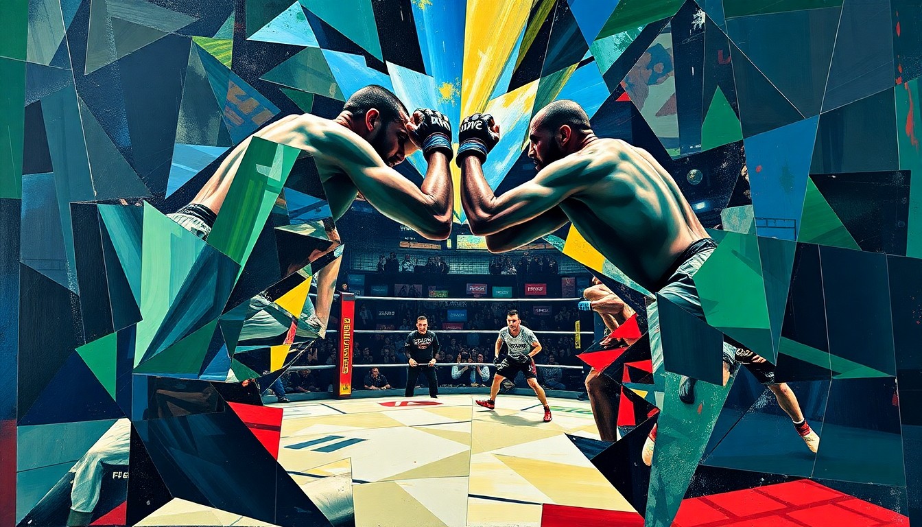 A fractured, cubist-style painting depicting the intense action of an MMA fight, with fighters' limbs and movements deconstructed into sharp, overlapping geometric shapes and planes in a palette of deep blues, greens, and reds.