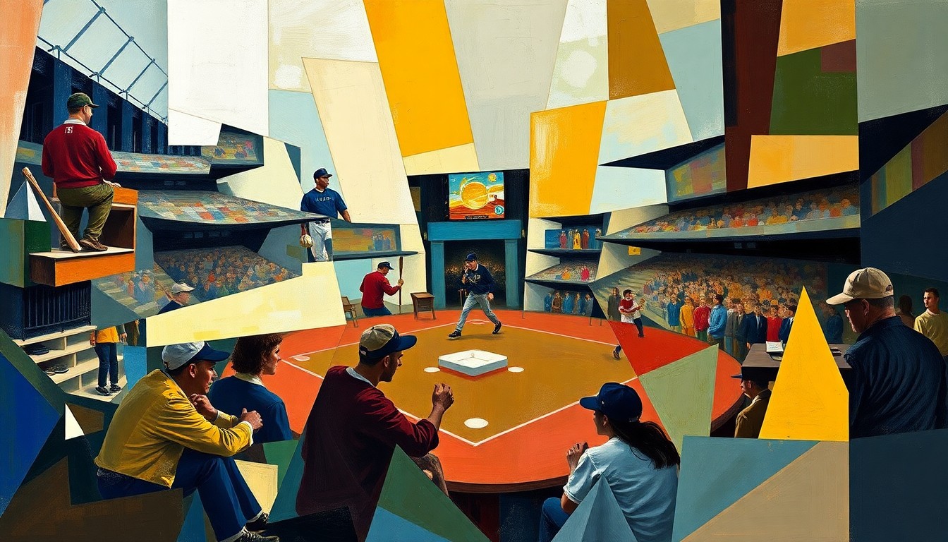 A fragmented, geometric painting depicting various elements of a fantasy baseball game, such as players, statistics, and game action, rendered in Picasso's signature cubist style.