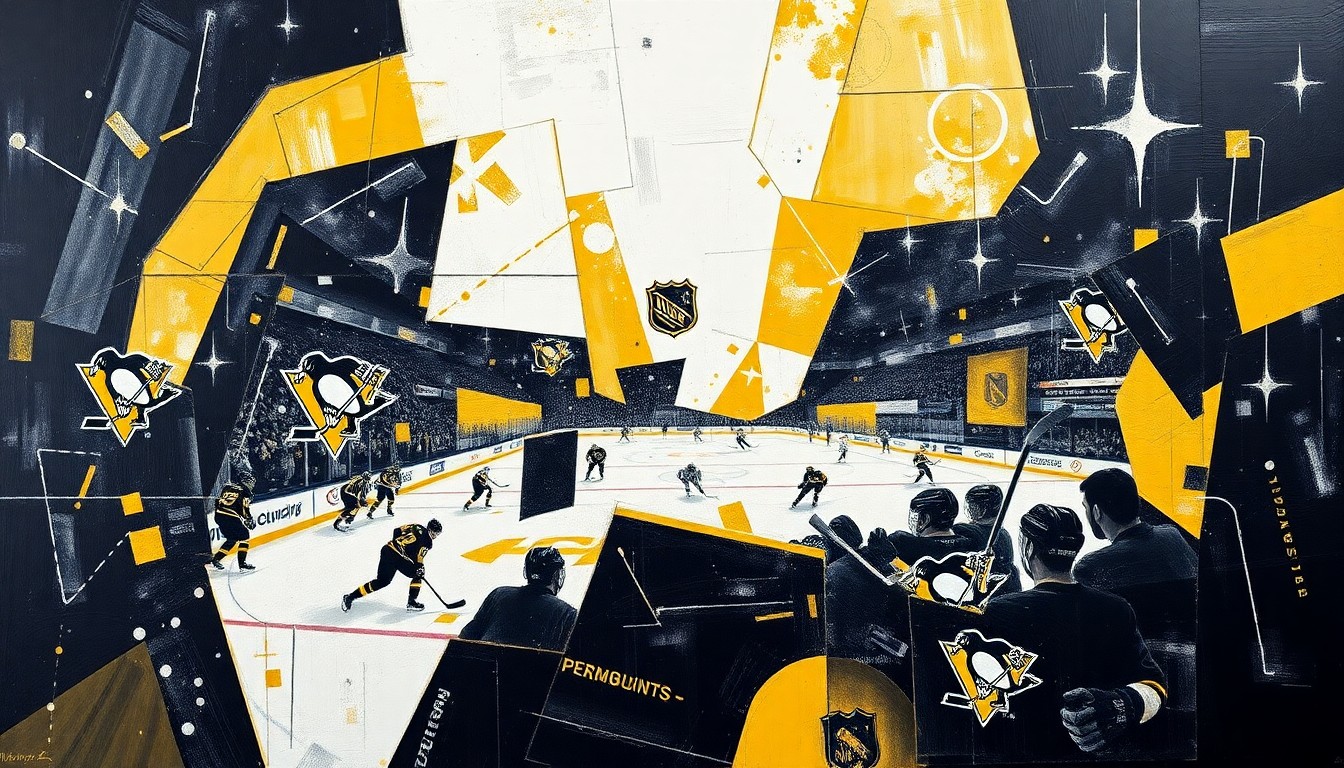 A fractured, multi-perspective painting in vibrant colors of black, gold, and white, depicting a Penguins hockey game broken down into sharp, overlapping geometric planes, conceptually representing the team's resilience and strategic leadership in clinching a playoff spot.