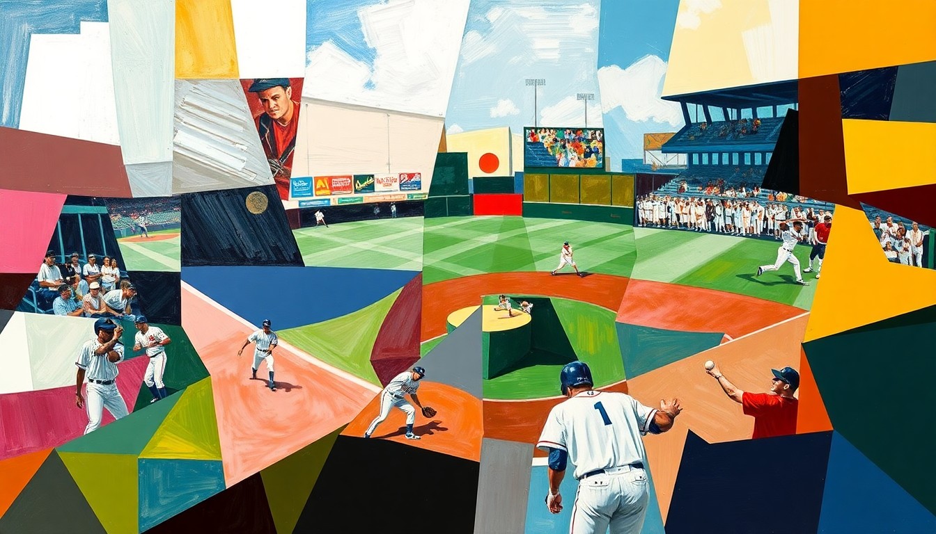 A cubist-style painting depicting a fragmented, abstract scene of a baseball practice or game, with players and the field broken down into sharp, overlapping geometric shapes and planes of color, conveying a sense of tension and uncertainty surrounding the team's future direction.