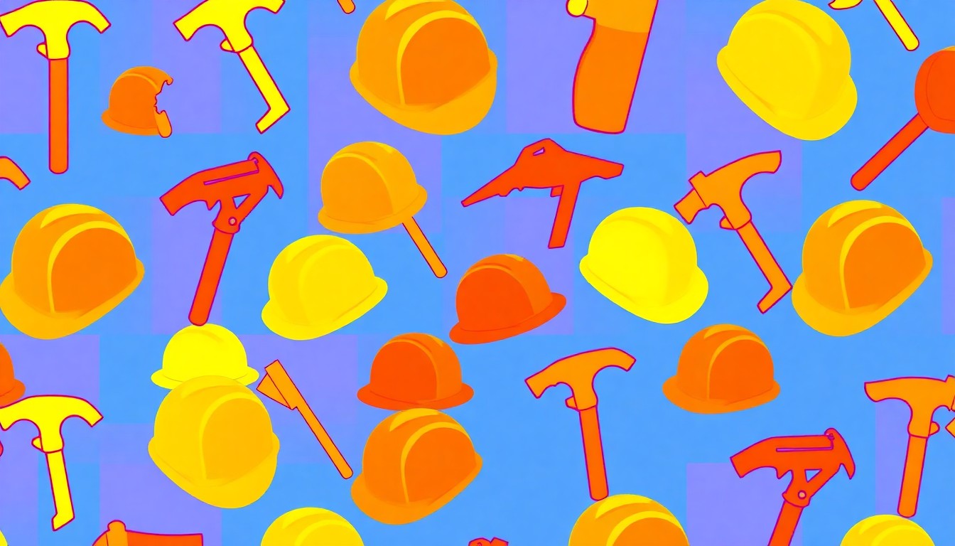 A high-contrast, silkscreen-style illustration featuring a grid of colorful, oversized construction tools, conceptually representing the hands-on process of building a new home.