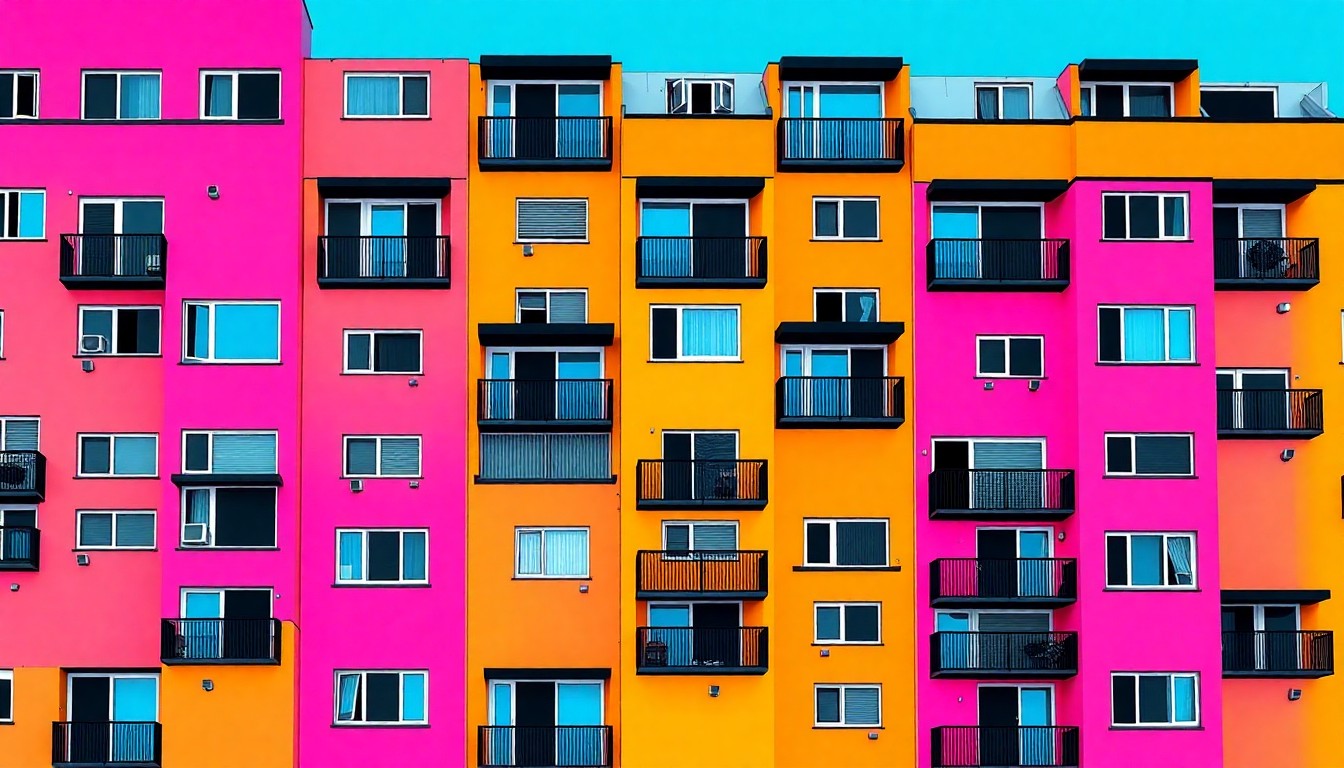 A bold, colorful silkscreen illustration featuring a repeating pattern of a modern apartment building facade in bright neon hues, conceptually representing the city's efforts to expand affordable housing options.