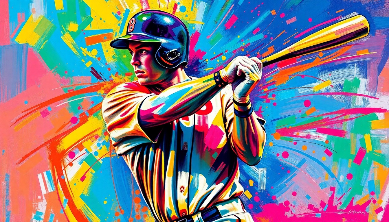 An abstract, expressionist painting featuring bold, neon-colored brushstrokes that capture the dynamic motion and energy of a baseball player's batting swing, with the player's features and uniform details blending into the vibrant, energetic composition.