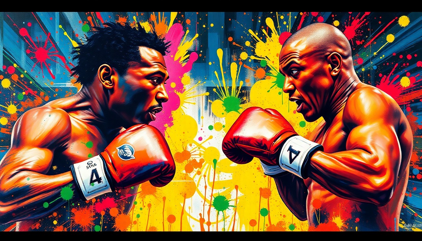 An abstract expressionist painting featuring bold, neon-colored brushstrokes that capture the dynamic movements and energy of two boxers engaged in a fierce match, their faces and figures blending together in a vibrant, chaotic display.
