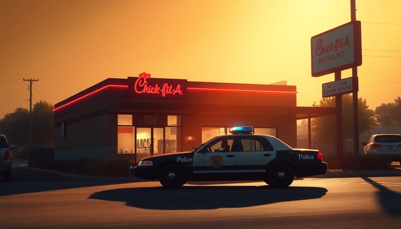 A photorealistic painting depicting a lone police car parked outside a Chick-fil-A restaurant, the building's facade bathed in warm, golden light and deep shadows, conveying a sense of quiet contemplation and the aftermath of a disturbing event.