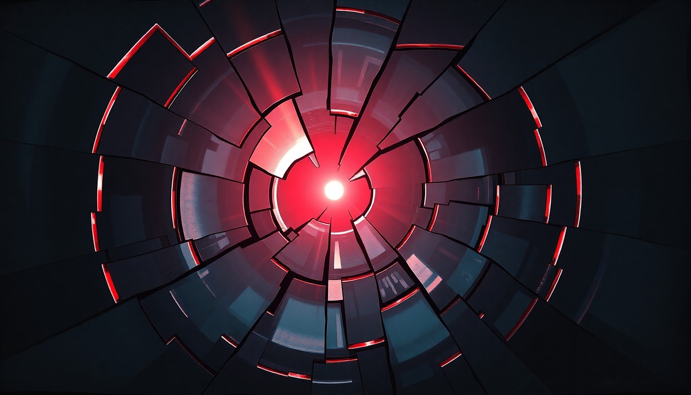 An extreme close-up of a shattered car sensor lens reflecting a faint red light, conceptually illustrating the vandalism of self-driving cars.