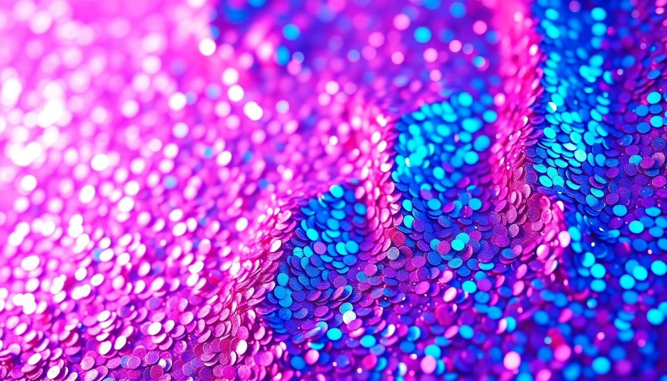 An abstract, close-up photograph of shimmering, iridescent sequins in vibrant shades of purple, pink, and blue, conceptually representing the glamour and energy of a major music festival.