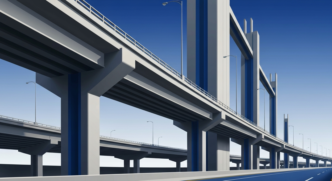 A highly geometric, airbrushed illustration depicting a towering, streamlined interstate highway overpass and interchange in shades of metallic silver, charcoal grey, and cobalt blue, conveying the functional and authoritative nature of this transportation infrastructure project.
