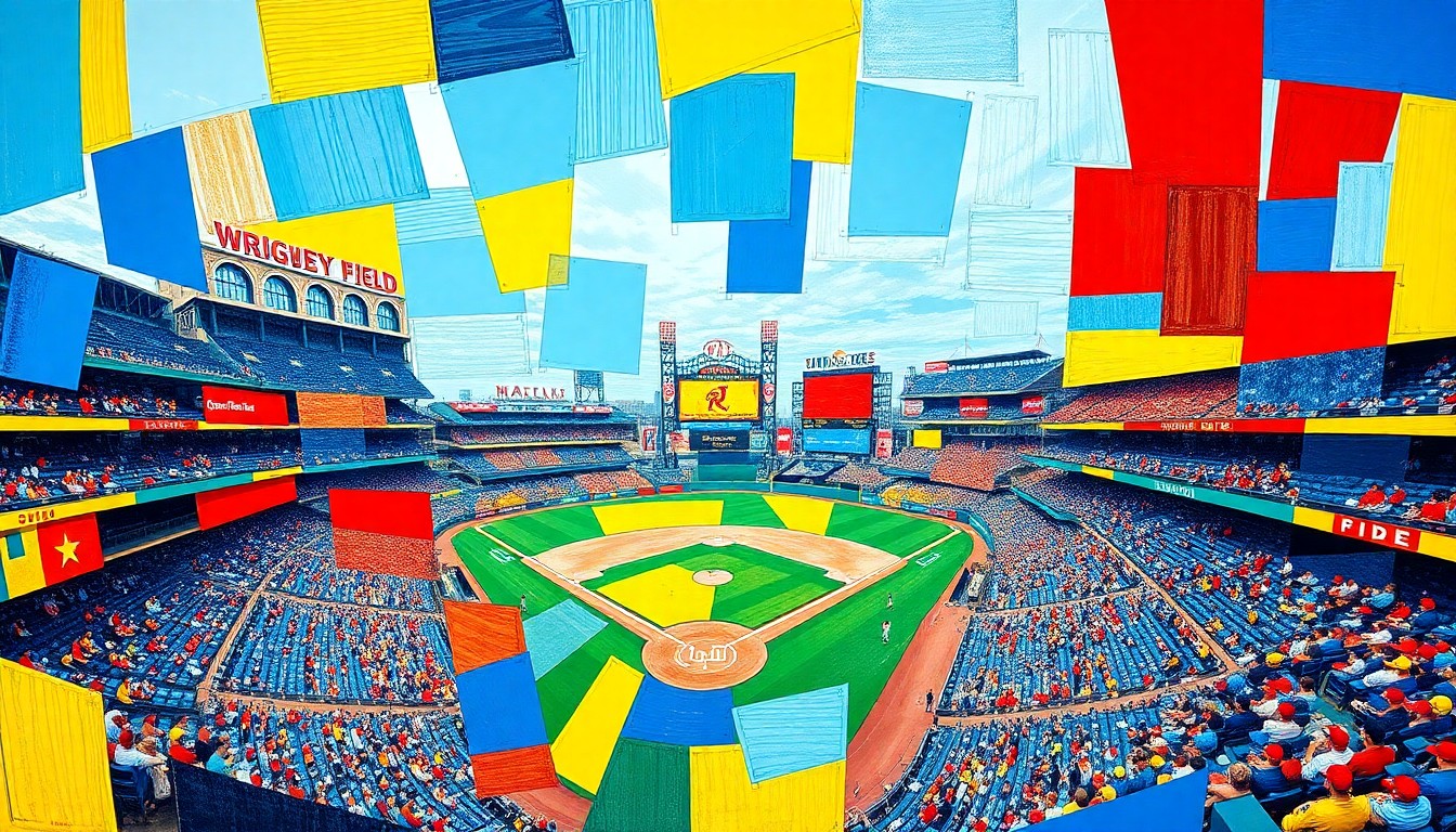 A vibrant, fragmented painting depicting a baseball game in motion, with players and the field broken down into angular, overlapping shapes and planes of color.