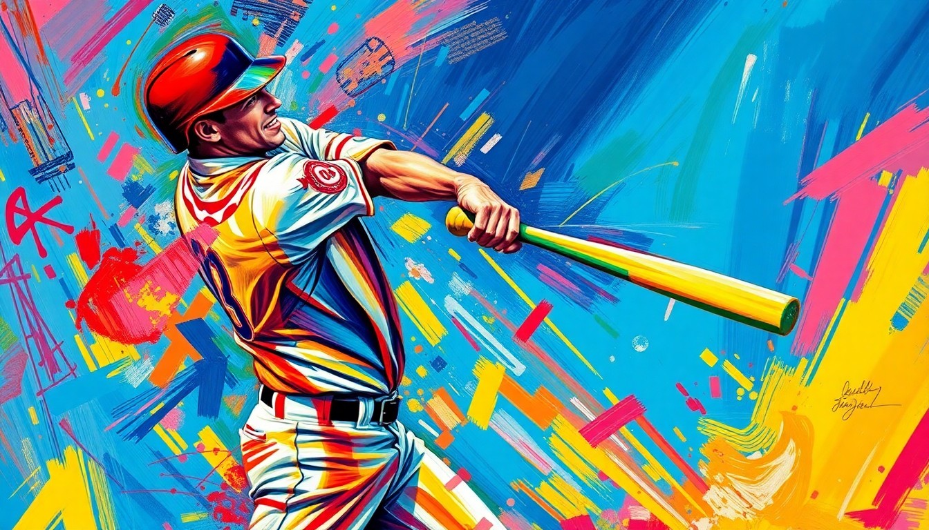 An abstract, energetic painting featuring bold, neon-colored brushstrokes that capture the explosive power and fluid motion of a baseball player's home run swing.