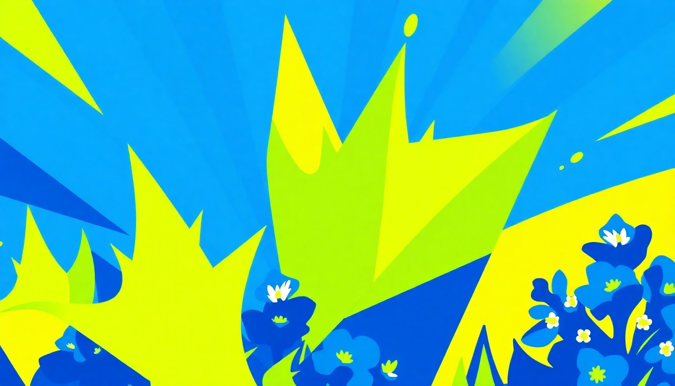 An abstract, minimalist illustration featuring bold, jagged shapes in shades of blue, green, and yellow, conceptually representing the vibrant energy and natural beauty of the Bluebonnet Festival in Ennis, Texas.