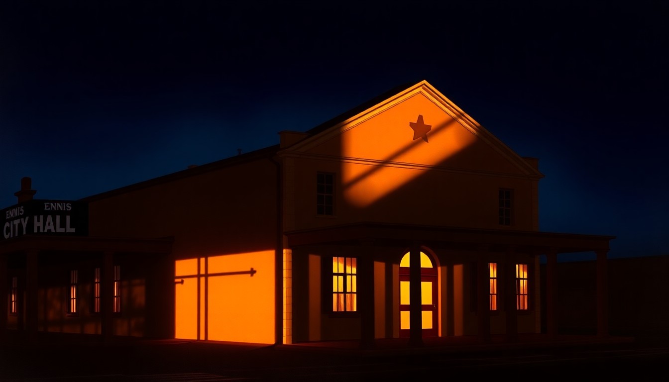 A realistic painting of the Ennis City Hall building, with warm sunlight streaming through the windows and deep shadows across the facade, creating a contemplative, nostalgic mood.