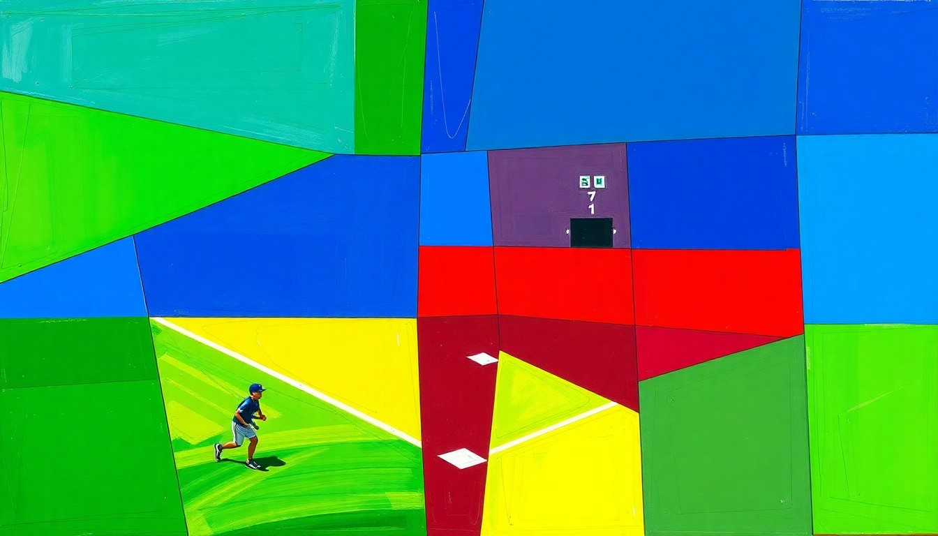 A cubist, geometric painting depicting the dynamic action of a high school softball game, with overlapping planes of bright green, royal blue, and crimson red capturing the energy and movement of the sport.
