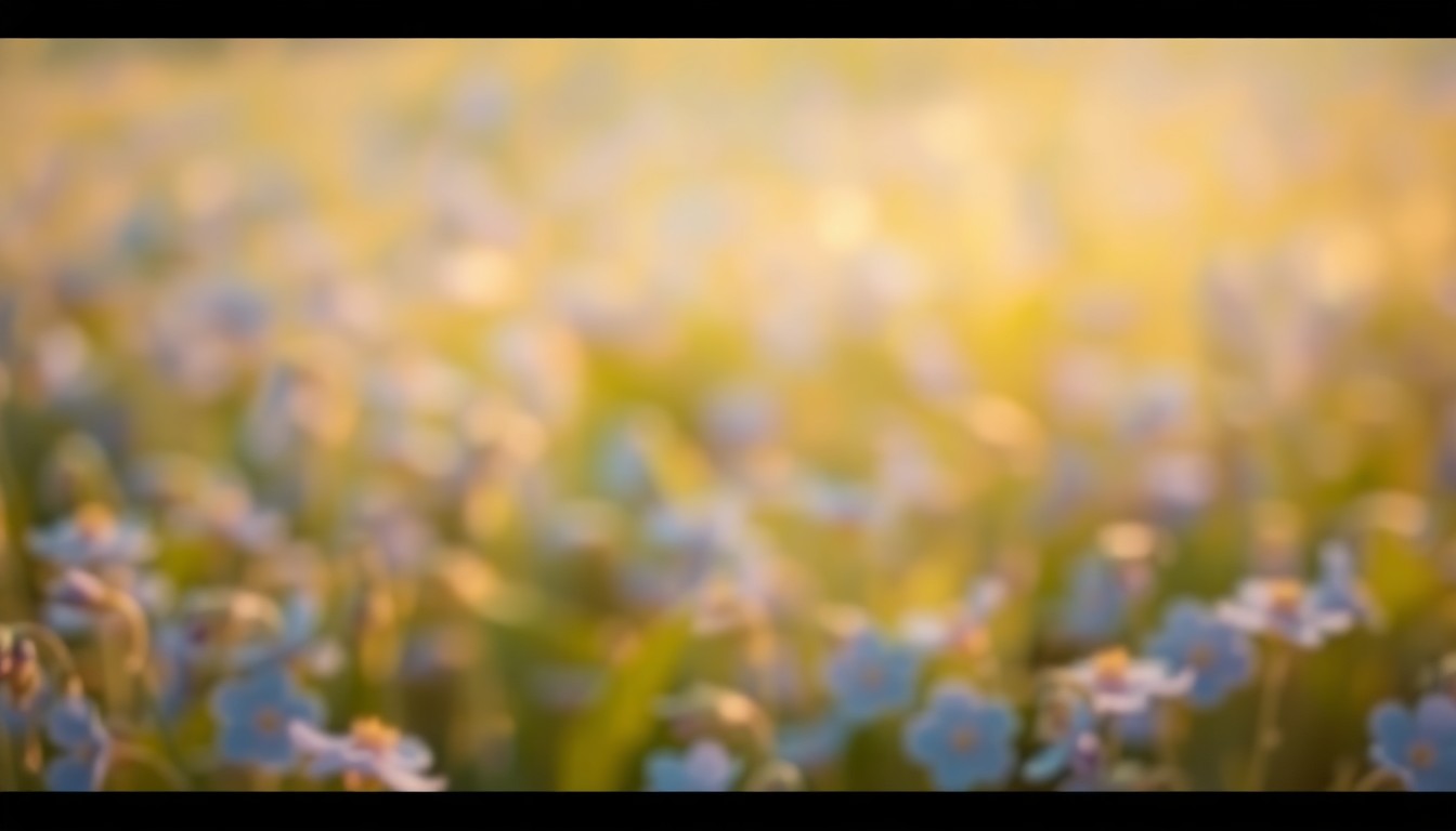An impressionistic, out-of-focus photograph of a field of soft, blurred bluebonnets in shades of blue, green, and gold, conveying the natural beauty and ephemeral quality of the iconic Texas wildflowers.