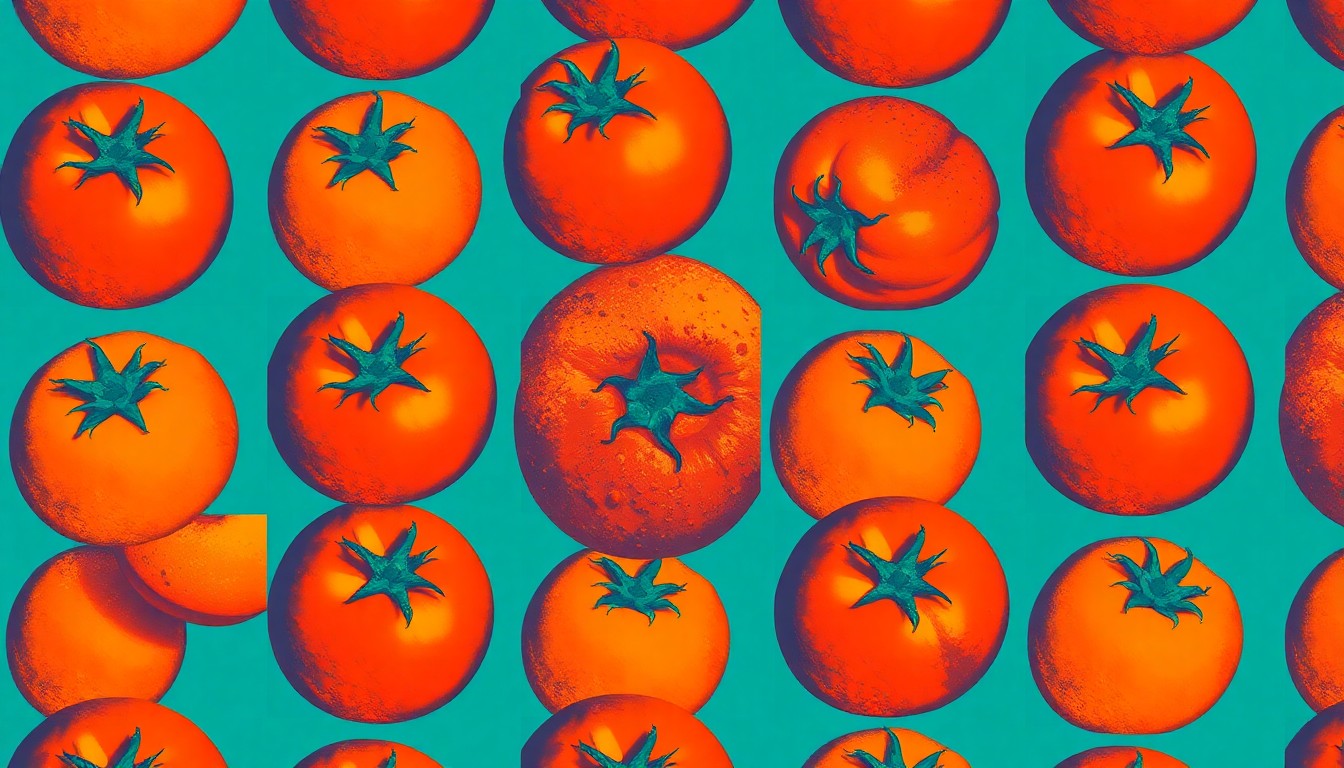 A brightly colored, high-contrast silkscreen print of fresh produce items like tomatoes or peaches, repeated in a tight grid pattern in the style of Andy Warhol, conceptually representing the energy and variety of a local farmers market.