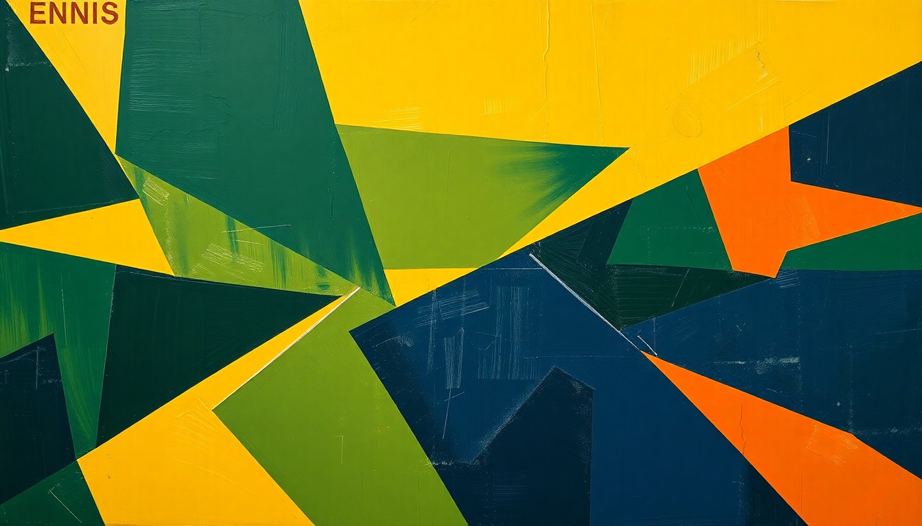 A fragmented, cubist-style painting depicting a high school football game, with the players and field broken down into sharp, overlapping geometric shapes in the team colors of Ennis and Heritage, conceptually representing the intense competition and strategic battle between the two squads.