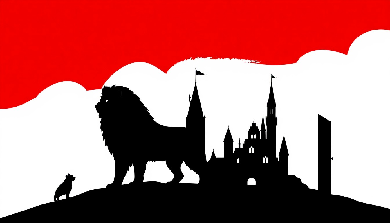 A dramatic black silhouette illustration featuring iconic Narnia imagery like a lion, castle, and wardrobe, set against a high-contrast red and white background, conceptually representing the fantastical live theater production.