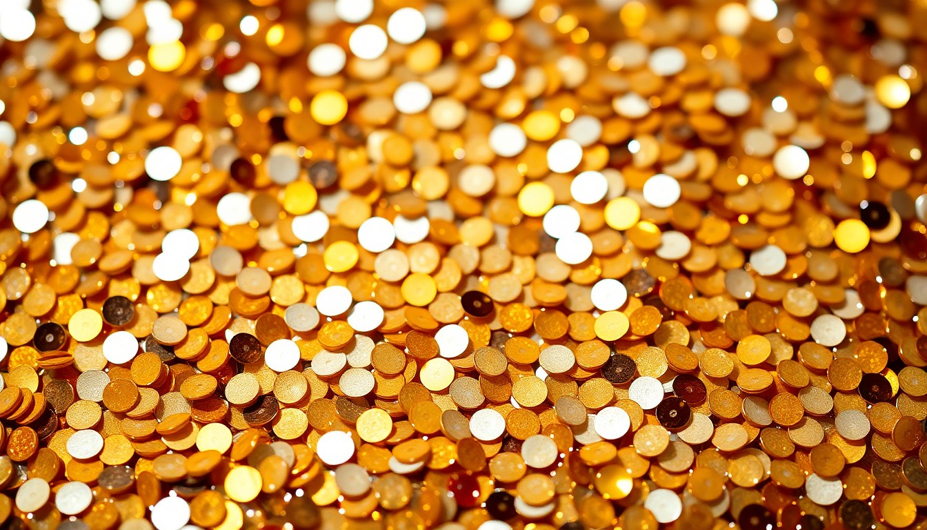 An extreme close-up of shimmering, high-contrast sequins in metallic gold, bronze, and silver tones, conceptually representing the glamour and luxury of a celebrity real estate transaction.
