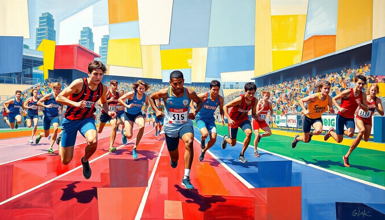 A fractured, geometric painting depicting the dynamic movements of high school track and field athletes in competition, with vibrant colors and overlapping planes capturing the energy and intensity of the event.