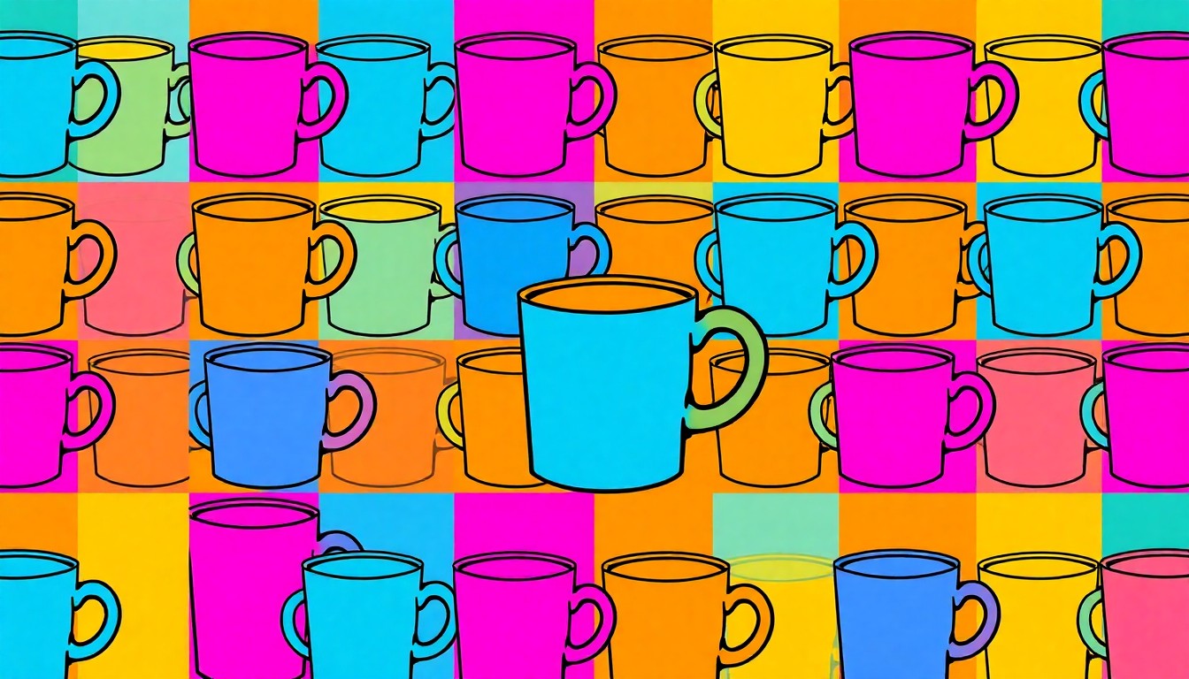 A bold, colorful silkscreen-style illustration featuring a repeating pattern of a coffee mug in vibrant shades of red, yellow, and blue, conceptually representing the celebratory energy and community focus of the Zionsville Lions Club's 50th anniversary event.