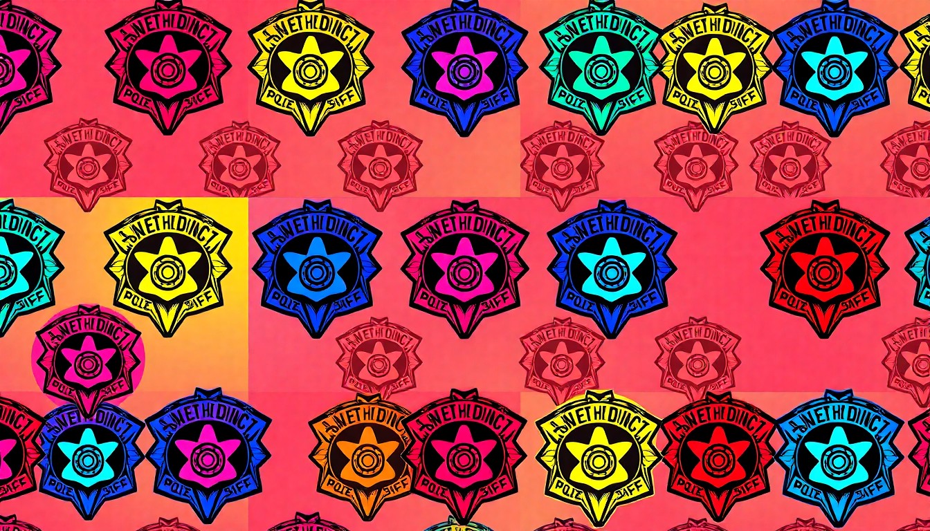 A high-contrast, brightly colored silkscreen print of a police badge repeated in a grid pattern, conceptually representing the critical role of campus law enforcement in emergency medical response.