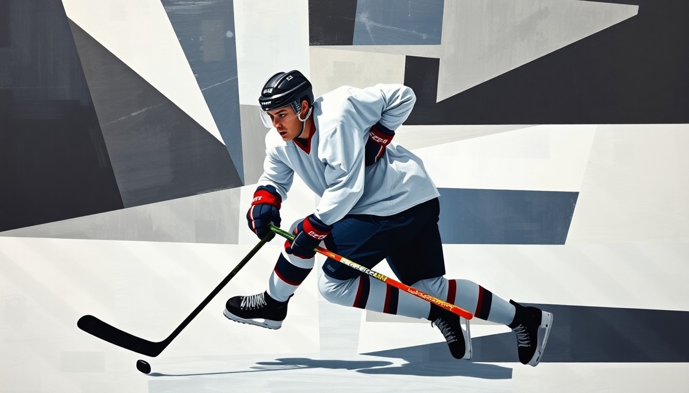 A fractured, geometric painting depicting the dynamic movements of a hockey player, with sharp planes of color and form capturing the intensity and precision of the sport in a cubist style.