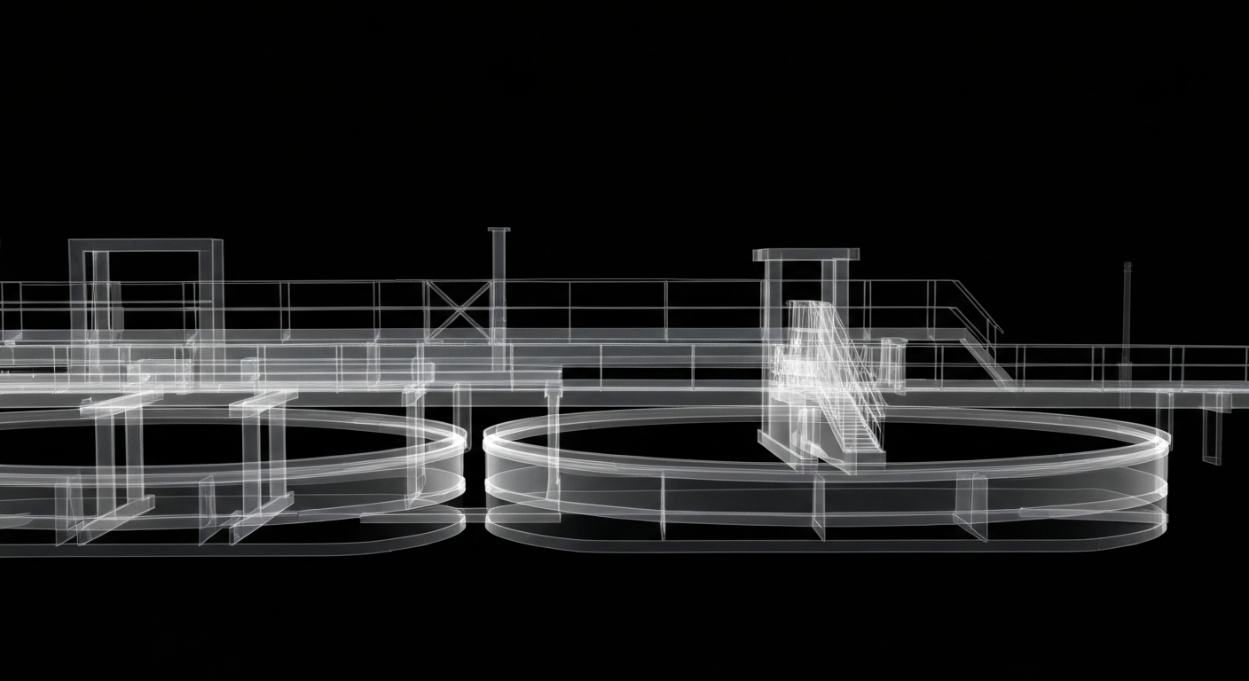 A ghostly, translucent X-ray photograph revealing the internal pipes and structures of a wastewater treatment plant, conceptually illustrating how wastewater data can uncover hidden health trends in a community.