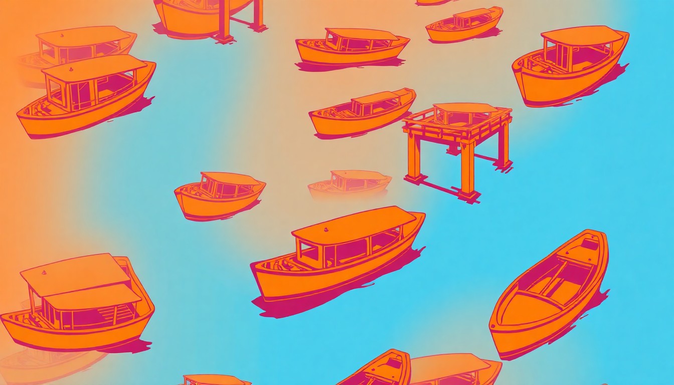 A brightly colored, high-contrast silkscreen print of a canal boat or wooden bridge repeated in a tight grid pattern, utilizing flat, vibrant neon colors and heavy black outlines to transform this natural landmark into a modern pop art piece.