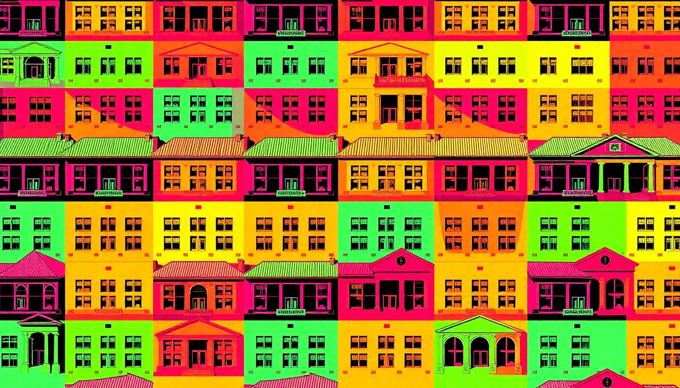 A highly stylized, pop art-inspired illustration featuring a repeated pattern of a university building's facade in vibrant, neon-like colors, conceptually representing the changes and uncertainty surrounding Memorial University's property sales.