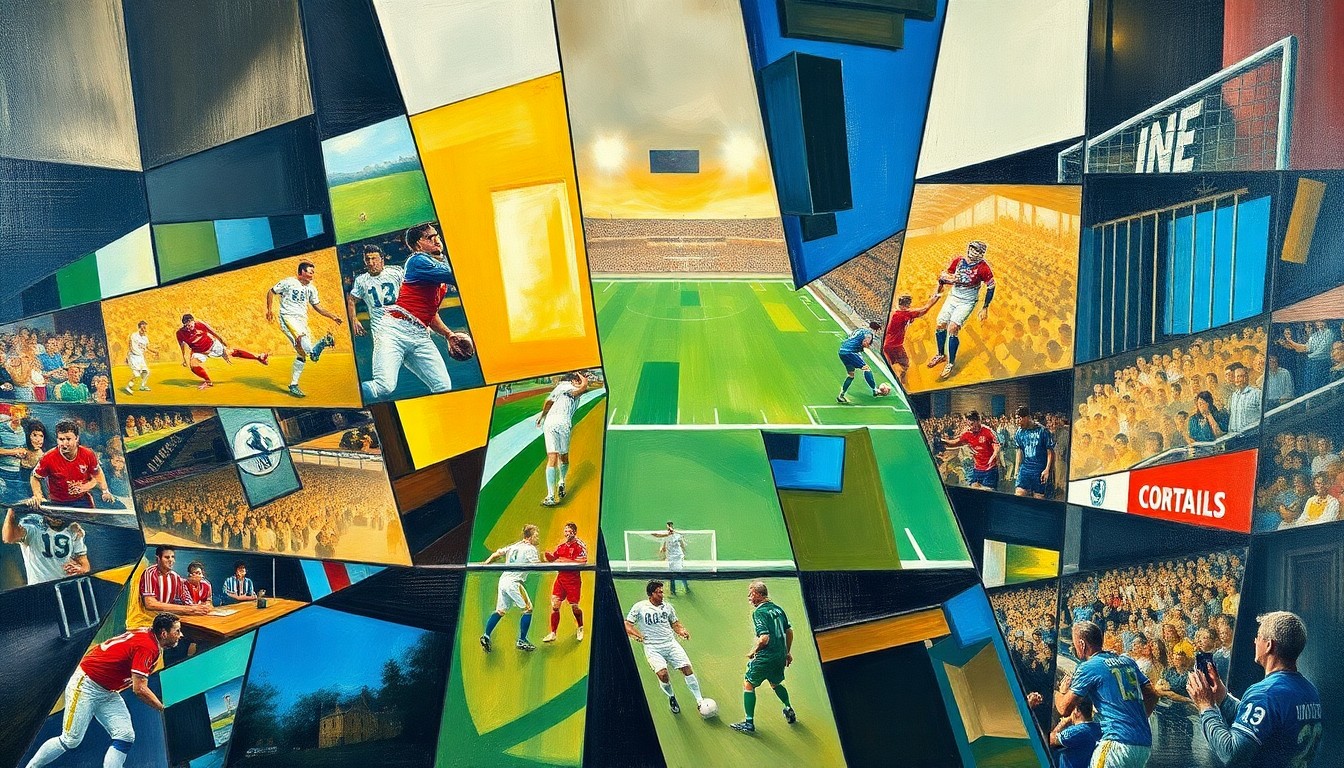 A cubist-style painting depicting a fragmented, geometric representation of a football game or match, with sharp, overlapping shapes and planes of color capturing the dynamic energy and movement of the sport.