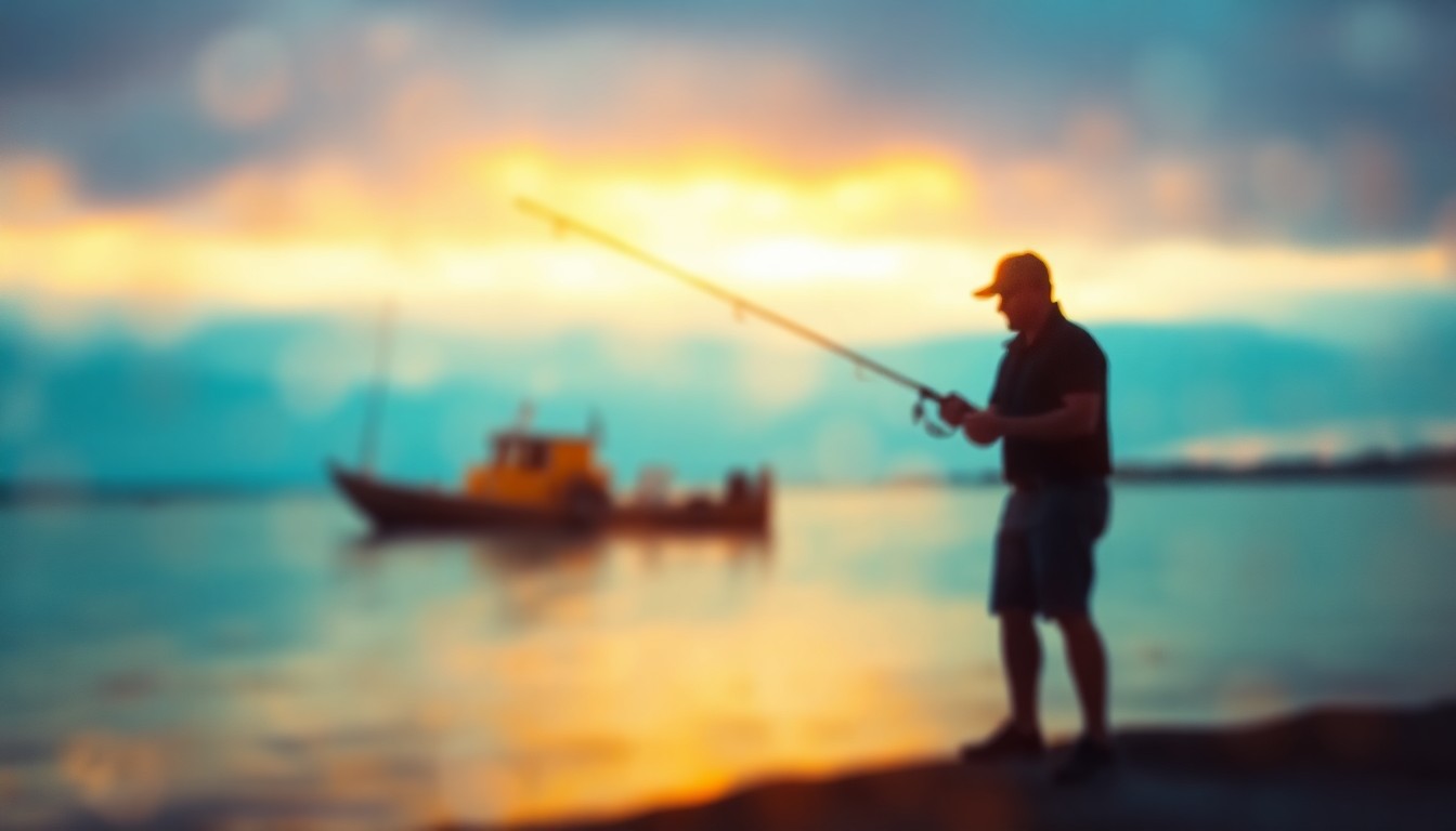 An extremely blurred and abstracted photograph of a lone angler silhouetted against a backdrop of soft, warm colors and light, conceptually representing the threatened state of recreational fishing in public spaces.