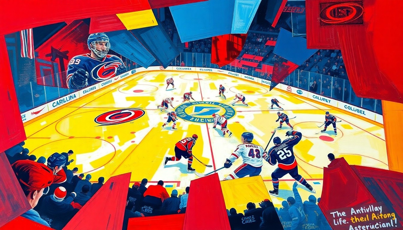 A cubist, geometric painting depicting a hockey game between the Carolina Hurricanes and Columbus Blue Jackets, with sharp, overlapping planes of vibrant colors representing the intensity and movement of the match.