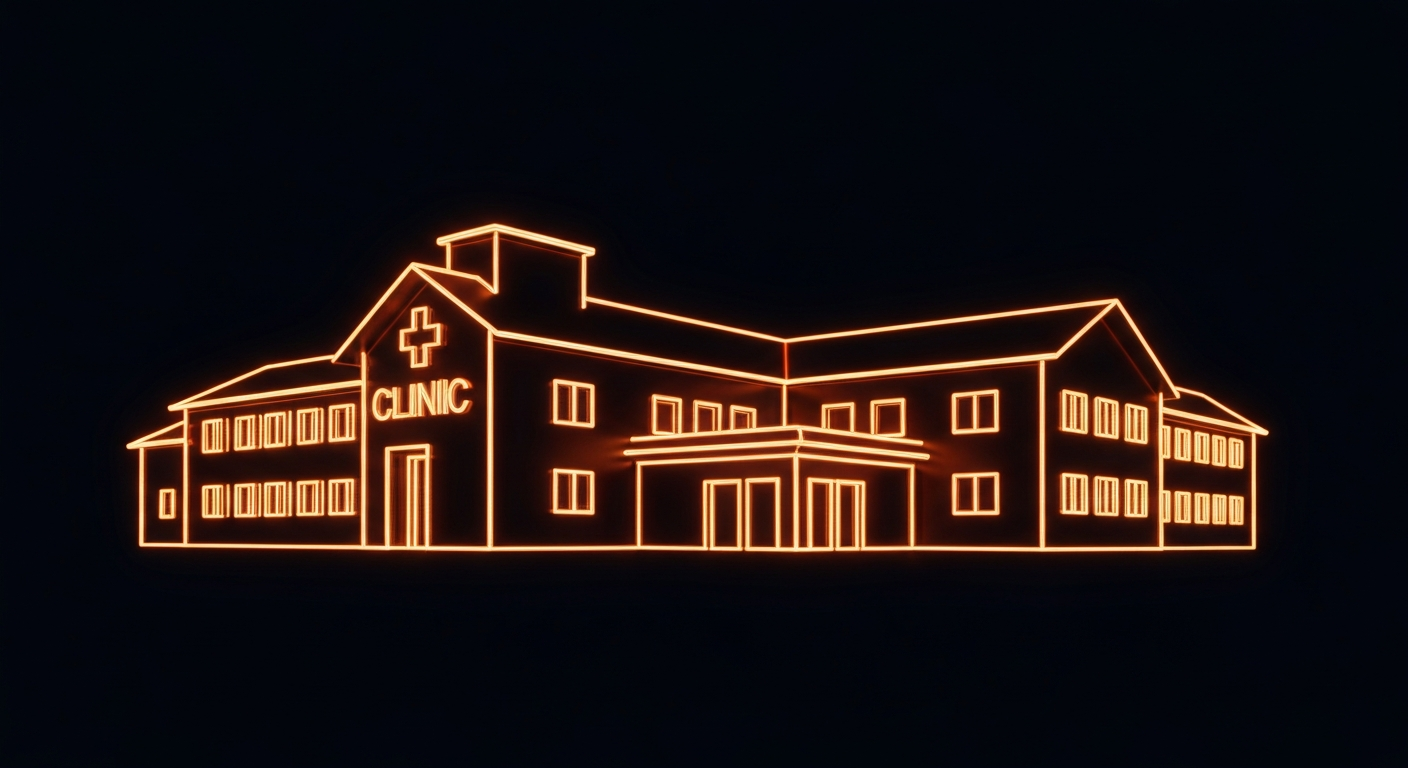 A minimalist design in the style of Keith Haring, with a glowing neon outline of a rural medical facility against a dark background, capturing the energy and promise of this major healthcare initiative.