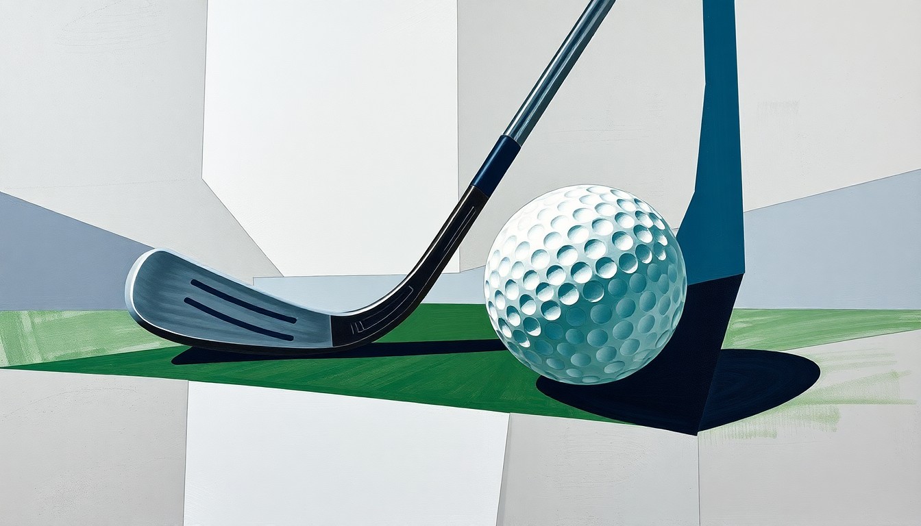 A fragmented, cubist-style painting depicting a golf club and ball broken down into sharp, geometric shapes in a muted color palette, conceptually representing the ongoing personal struggles of the former golf champion.