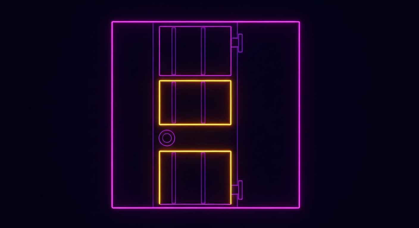 A glowing, neon outline of a prison cell door against a dark background, conceptually representing the tension between security and mental health care in the criminal justice system.