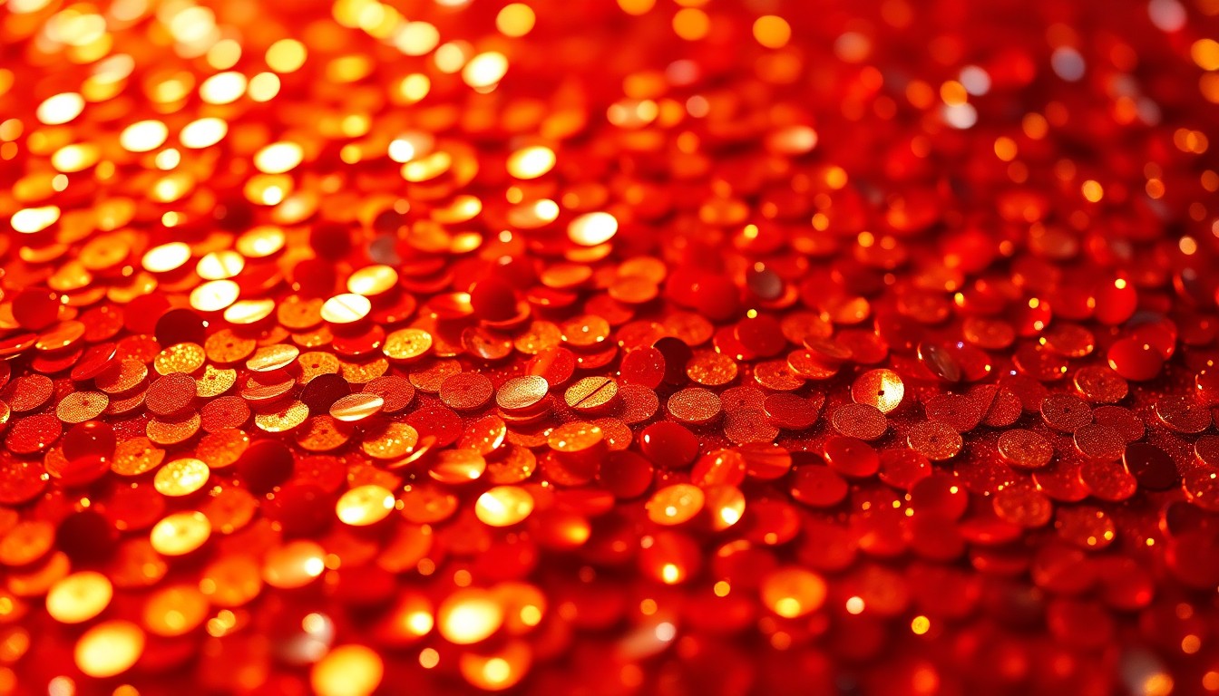 An abstract close-up photograph of glittering, high-contrast red and gold sequins, conveying the glamour and excitement surrounding superhero casting decisions.