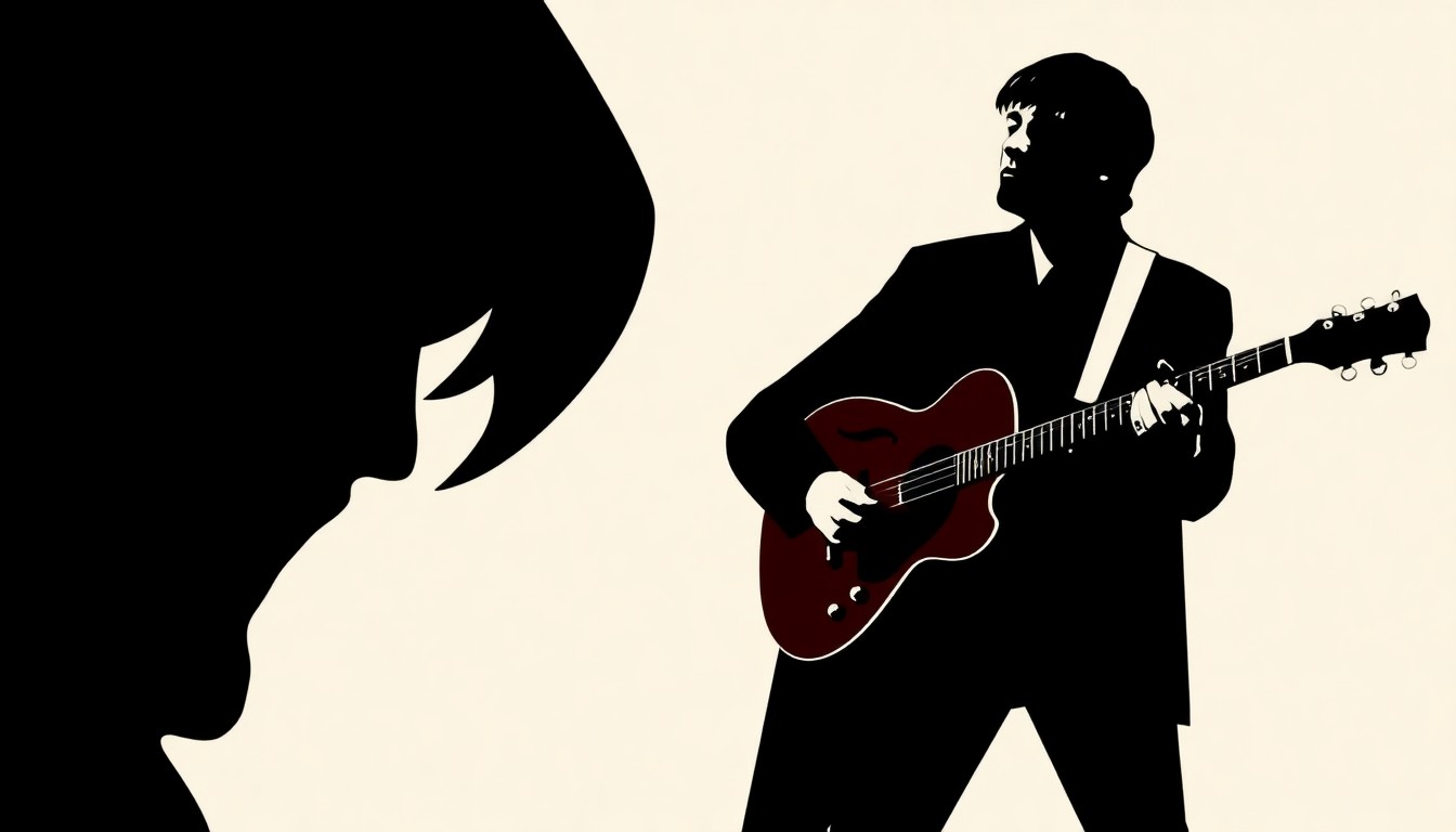 An abstract, minimalist illustration featuring bold, jagged shapes in red and white, conceptually representing the musical legacy and creative process of legendary producer George Martin and The Beatles.