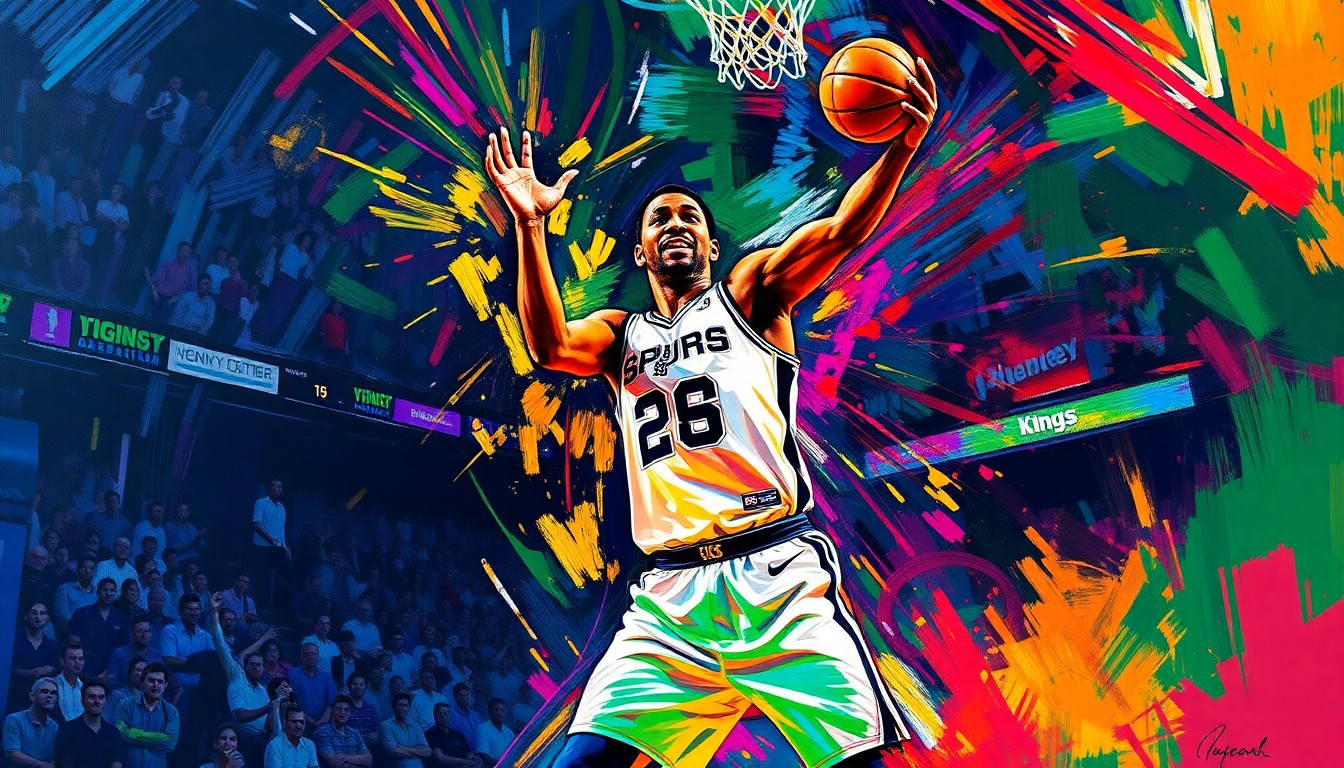 An abstract, expressionist painting in vibrant neon colors, capturing the energy and movement of a basketball player in mid-action, representing Victor Wembanyama's dominant performance for the San Antonio Spurs.