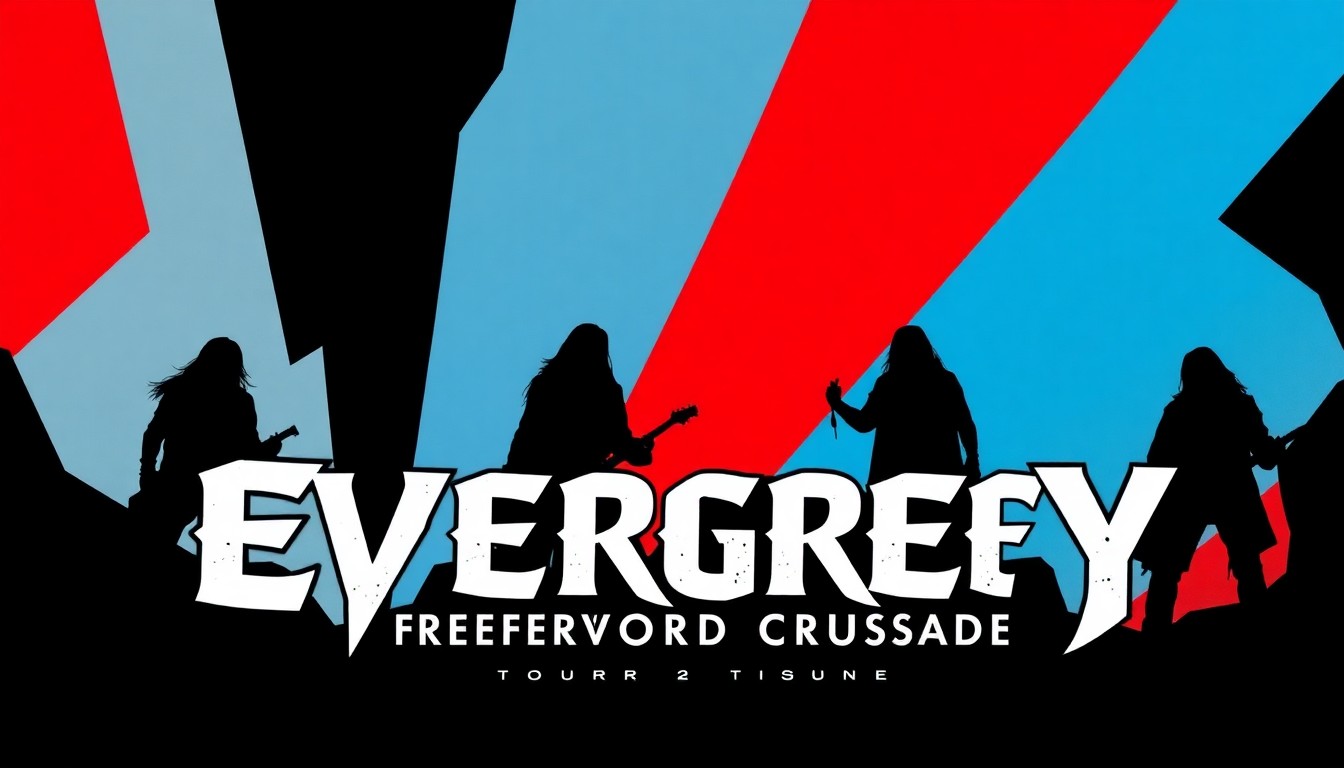 A striking abstract composition of jagged black silhouettes and bold geometric shapes in deep red and electric blue, conceptually representing the progressive metal music of Evergrey's 'Freedom World Crusade' tour.