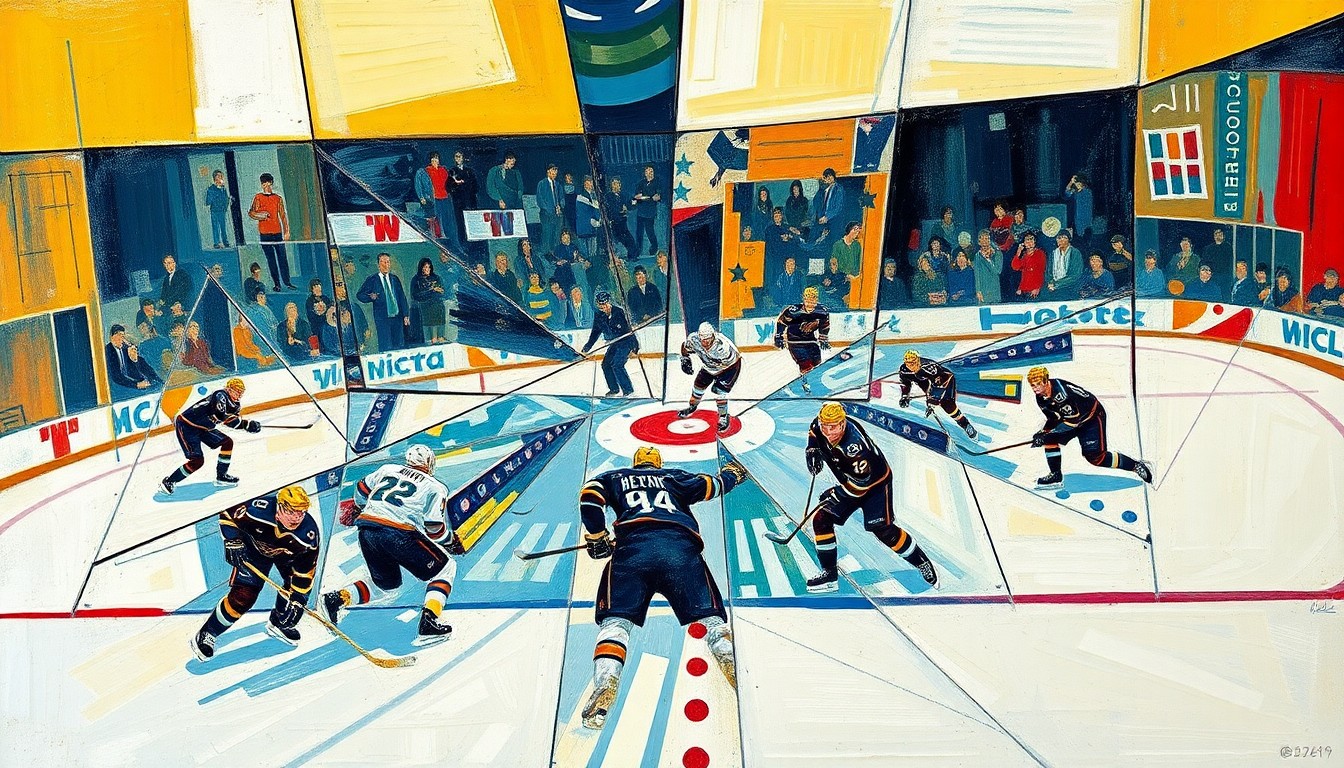 A cubist-style painting depicting a hockey game, with the players and the ice broken down into sharp, overlapping geometric shapes in shades of blue, red, and yellow.