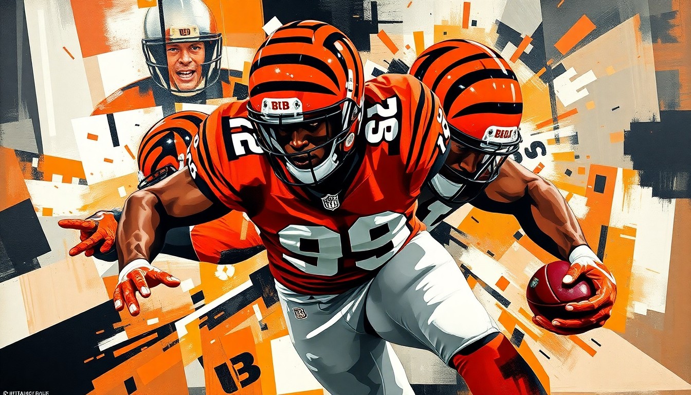 A fractured, cubist-style painting depicting the movements and pressures of a football edge rusher, with sharp geometric shapes and planes in the Bengals' team colors of orange, black, and white.