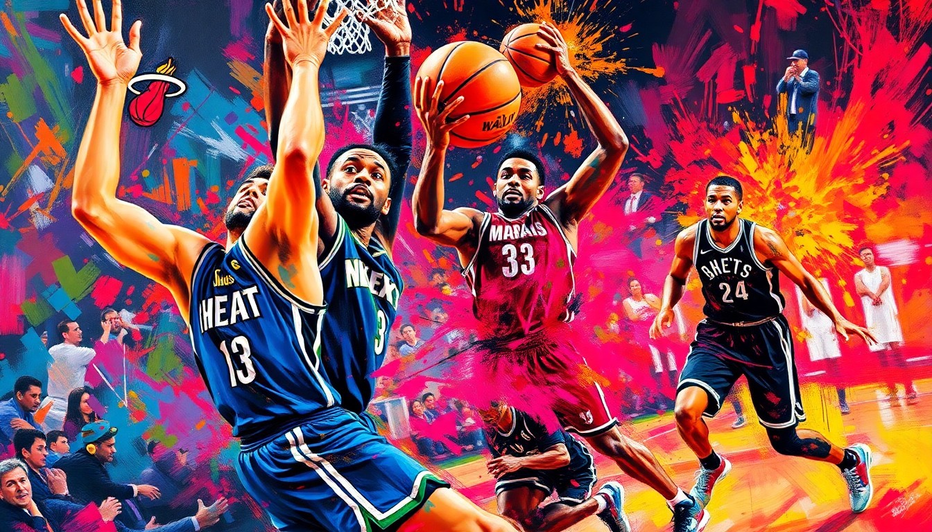 An abstract, expressionist painting depicting the intense action and energy of a basketball game between the Miami Heat and Brooklyn Nets, with vibrant neon colors and rapid brushstrokes capturing the dynamic movements of the players on the court.