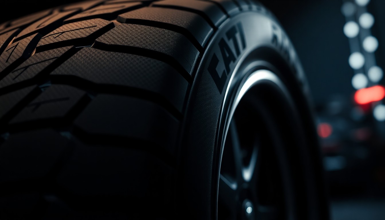 An extreme close-up of a heavily textured, high-performance racing tire tread, shot in dramatic, high-contrast studio lighting to capture the luxurious, glamorous aesthetic of NASCAR culture.