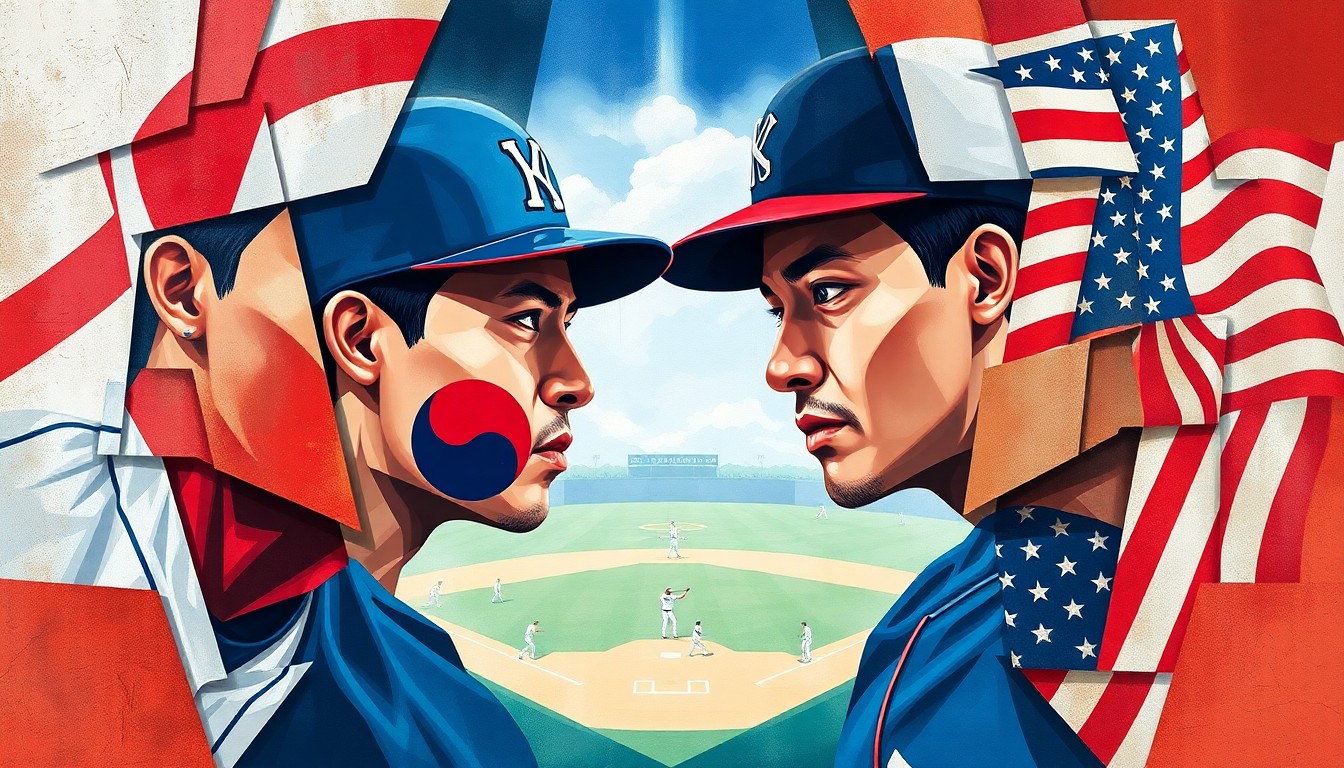A fractured, multi-perspective painting in the style of Pablo Picasso, breaking a baseball game down into sharp, overlapping geometric planes of color and shape, with the Korean and American flags woven throughout the composition.